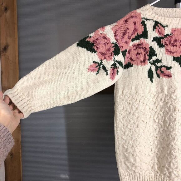 HANDMADE Wool Blend Cream Fisherman Crewneck Cable Knit Sweater Floral Sz M/L/XL - Picture 4 of 6